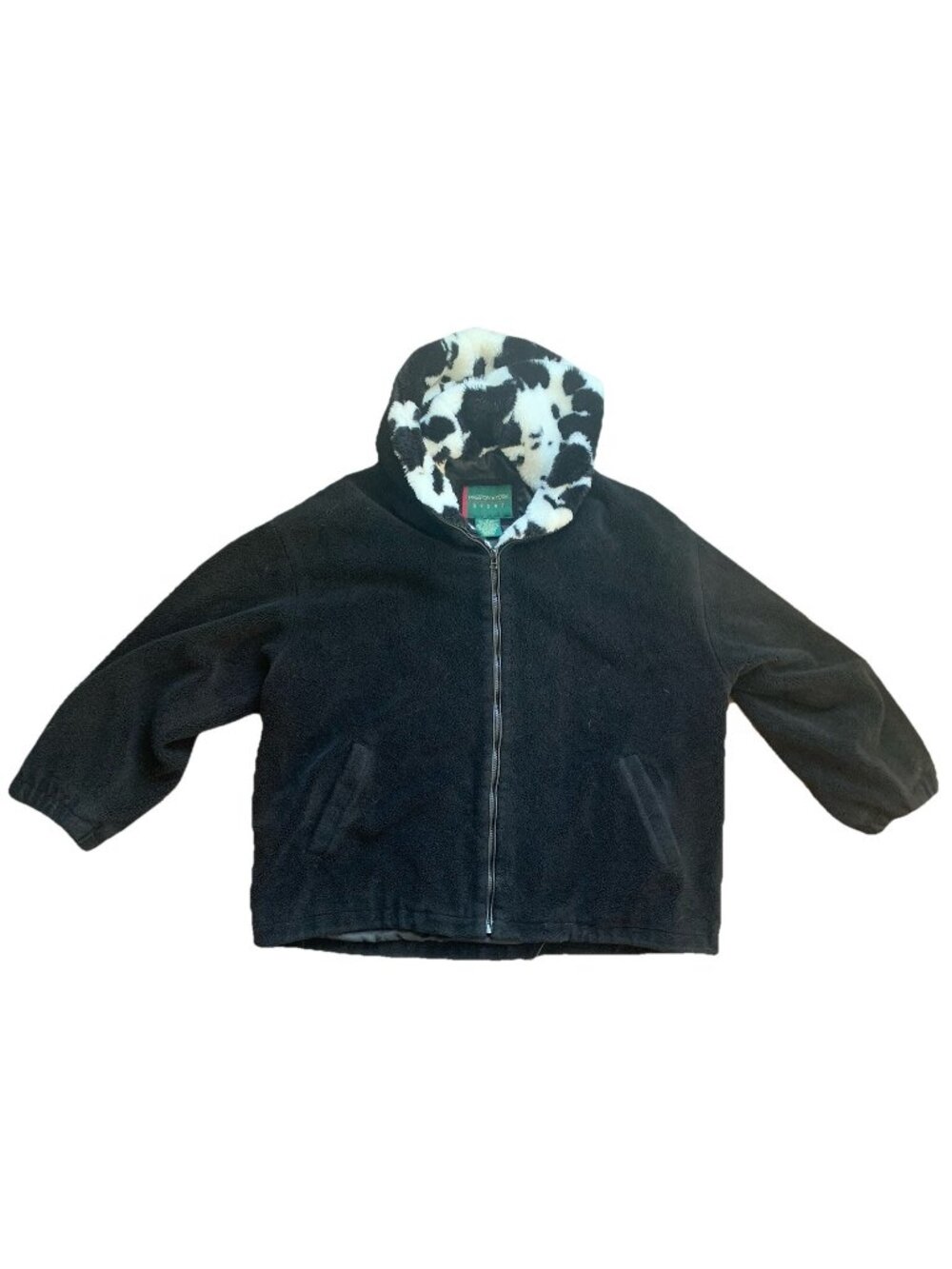 PRESTON & YORK SPORT COW PRINT FAUX FUR COAT Jacket Hooded Large